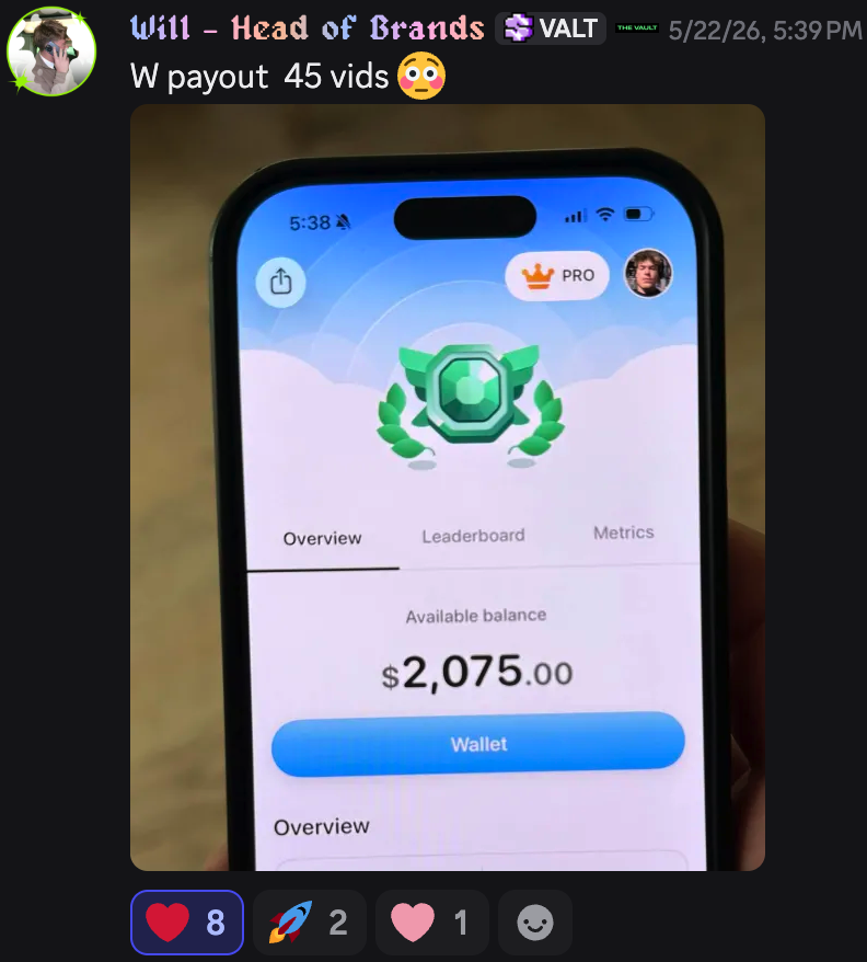 Will: W payout, 45 vids — $2,075