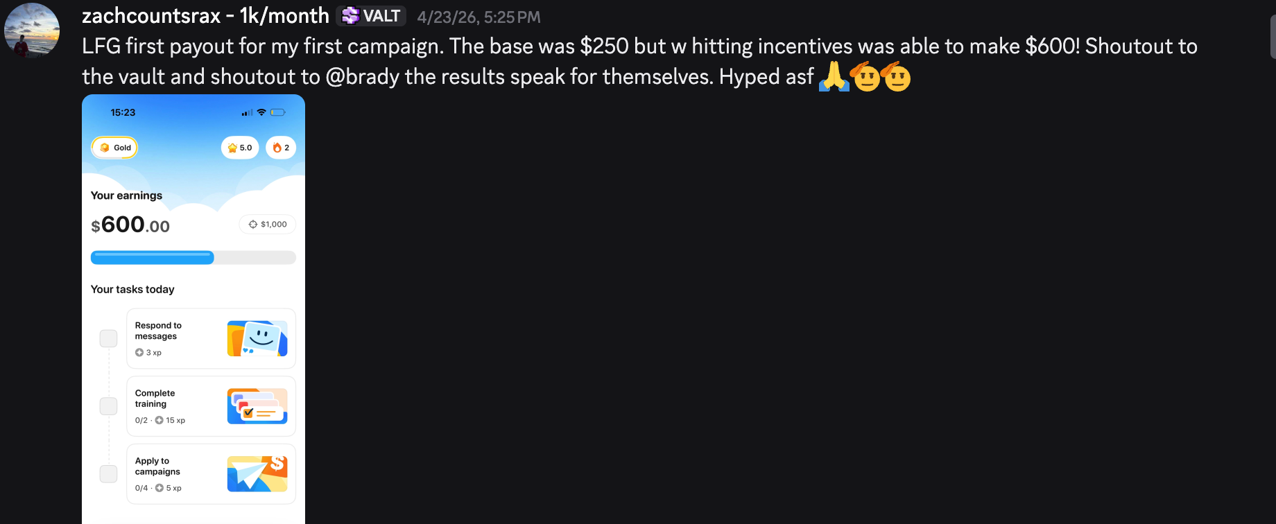 zachcountsrax: first payout, $600 on a $250 base